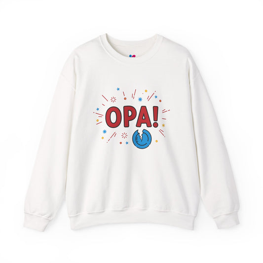 White sweatshirt with 'OPA!' text and design on a white background