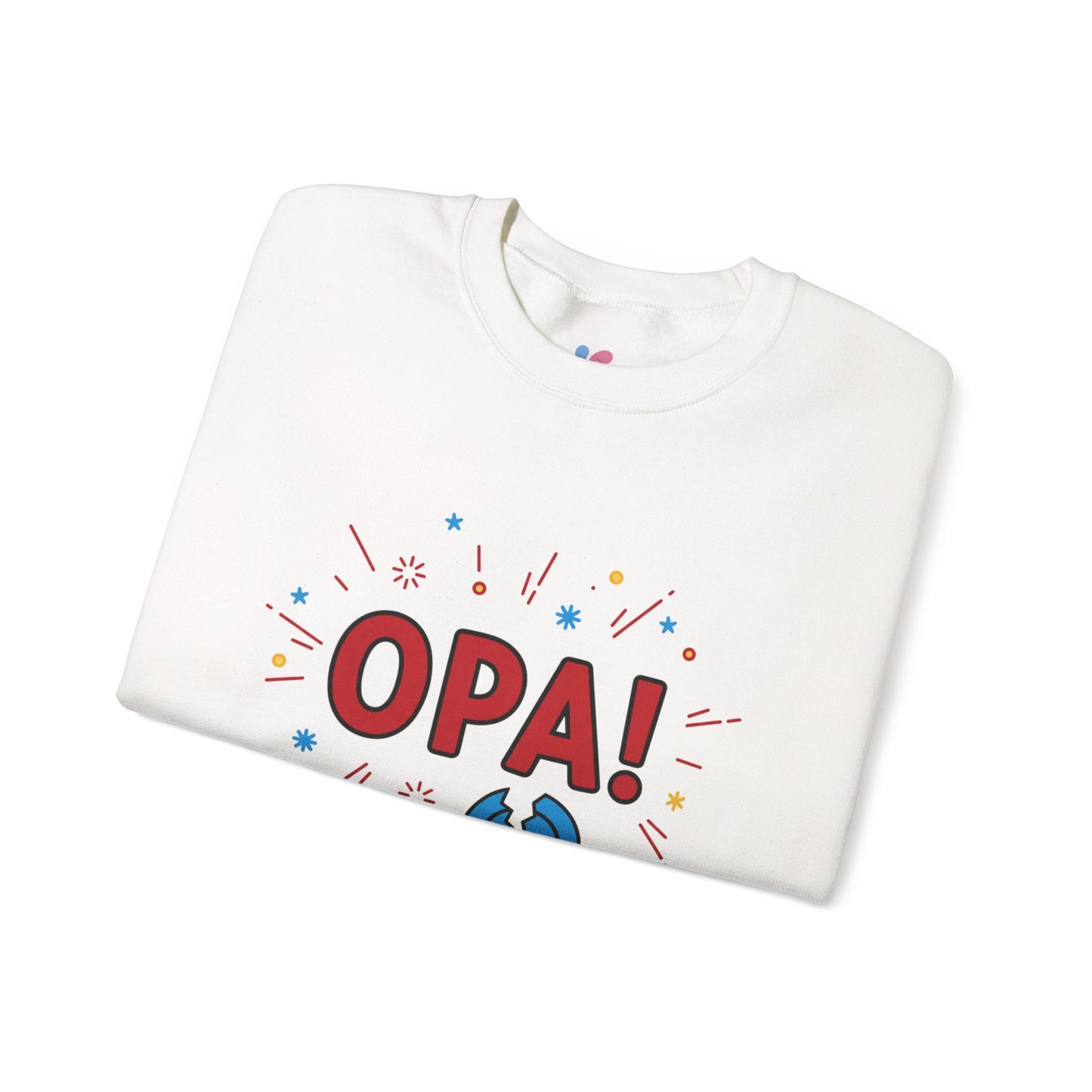 White sweatshirt with 'OPA!' text on a white background