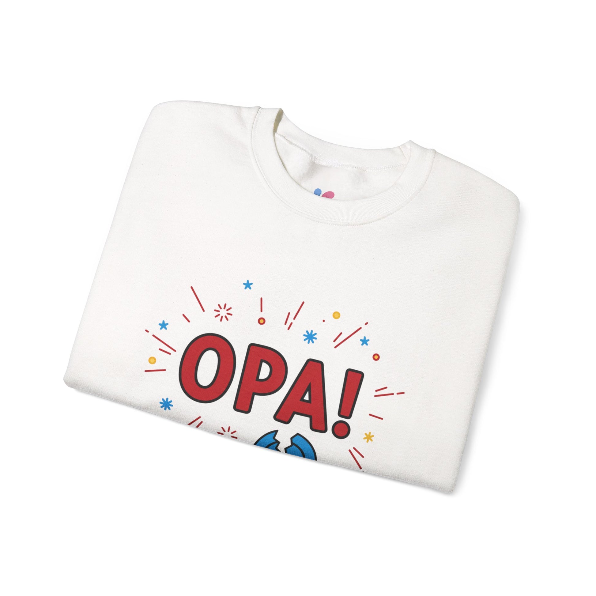 White sweatshirt with 'OPA!' text on a white background