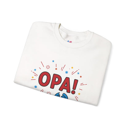White sweatshirt with 'OPA!' text on a white background