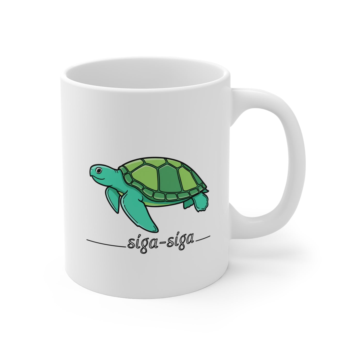 White mug with a green turtle illustration and 'siga-siga' text on a white background