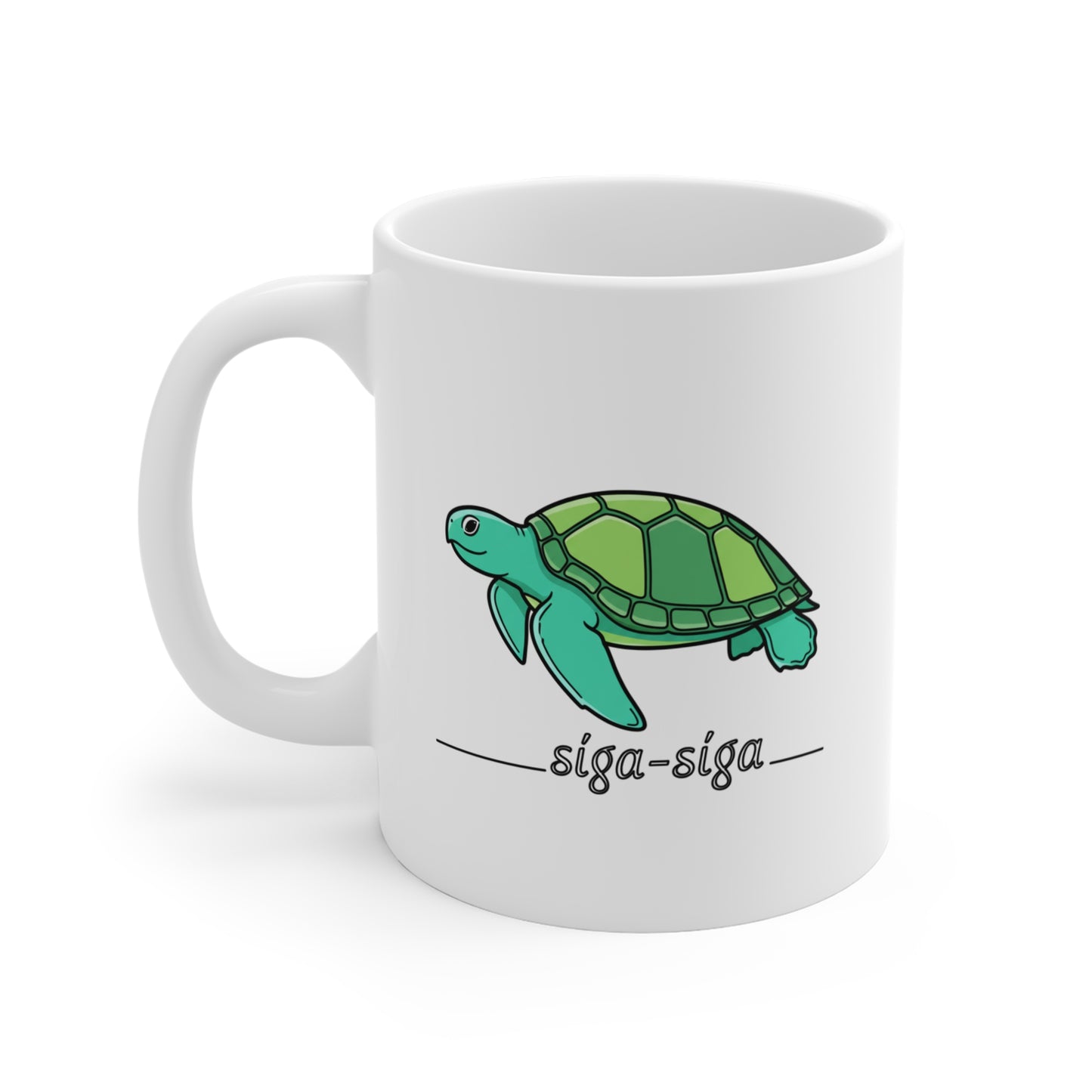 White mug with a green turtle illustration and 'siga-siga' text on a white background