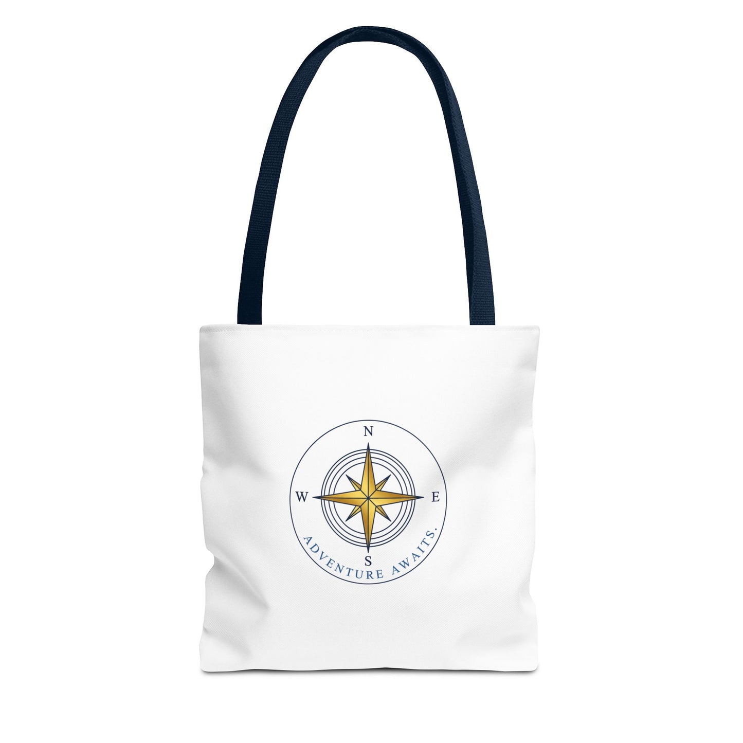 White tote bag with a compass design and 'Adventure Awaits' text on a white background