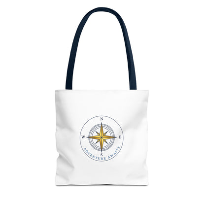 White tote bag with a compass design and 'Adventure Awaits' text on a white background
