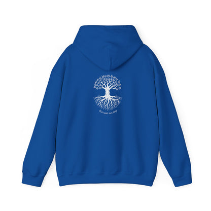 Blue hoodie with a decorative back design on a white background