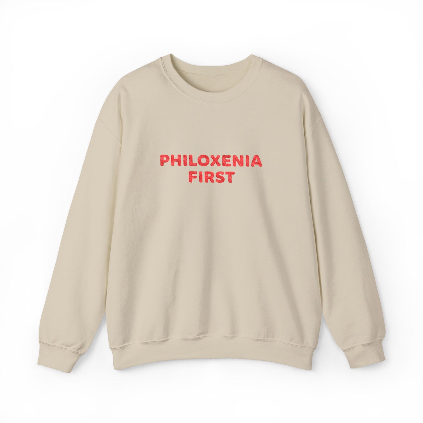 Beige sweatshirt with 'PHILOXENIA FIRST' text in red on a white background