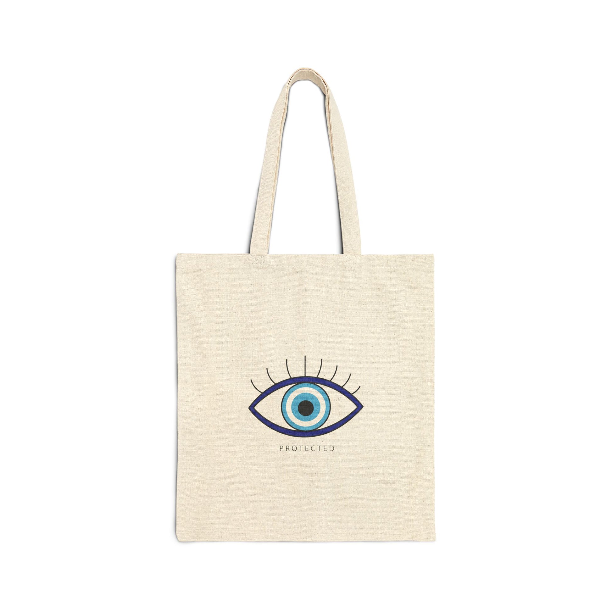 Beige tote bag with an eye design and 'PROTECTED' text on a white background