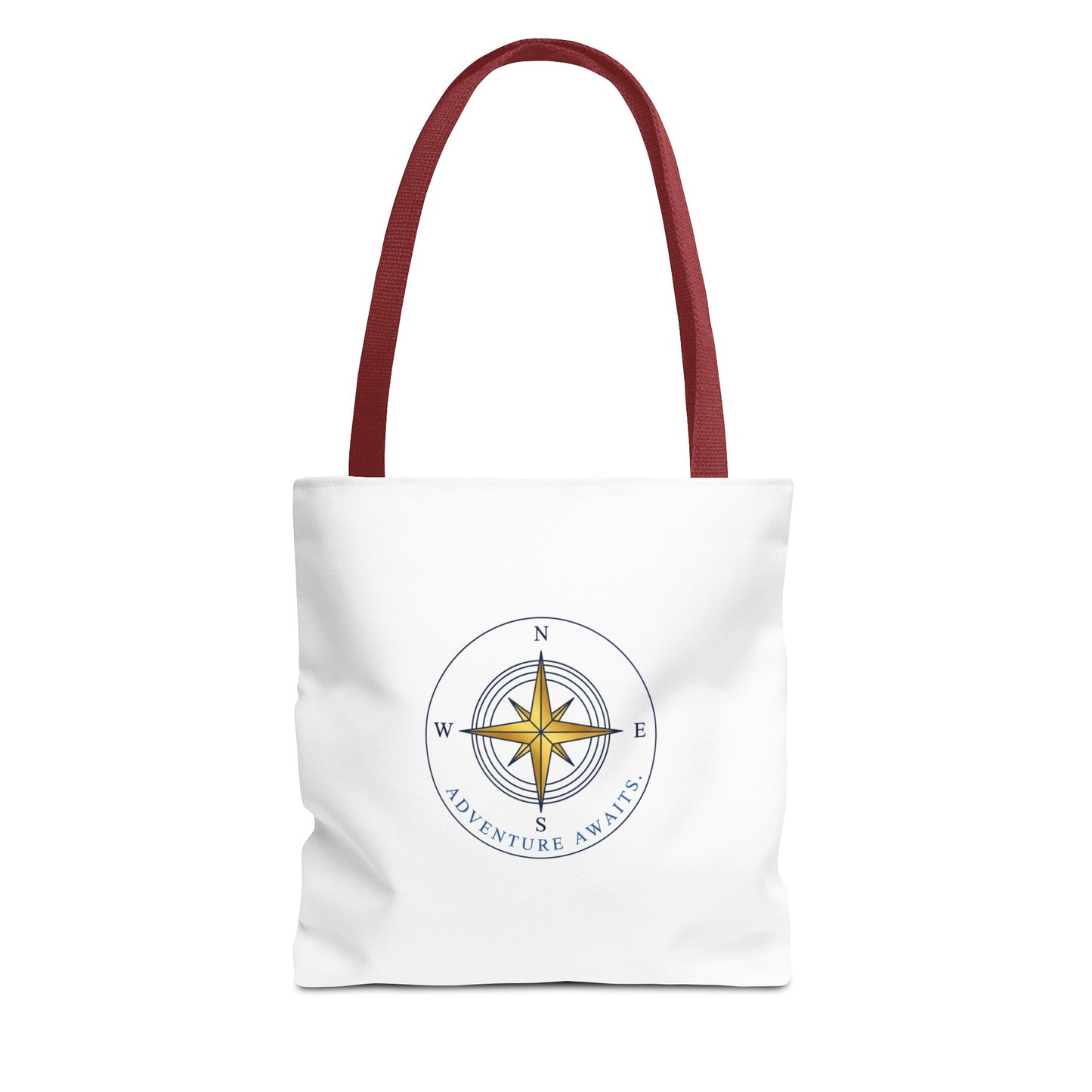 White tote bag with red handles and a compass design on a white background