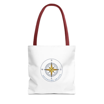White tote bag with red handles and a compass design on a white background