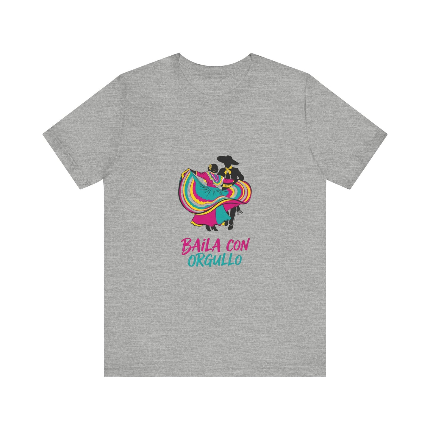 Ahtletic heather  t-shirt with colorful graphic and text 'Baila con Orgullo' on a white background