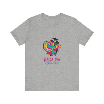 Ahtletic heather  t-shirt with colorful graphic and text 'Baila con Orgullo' on a white background