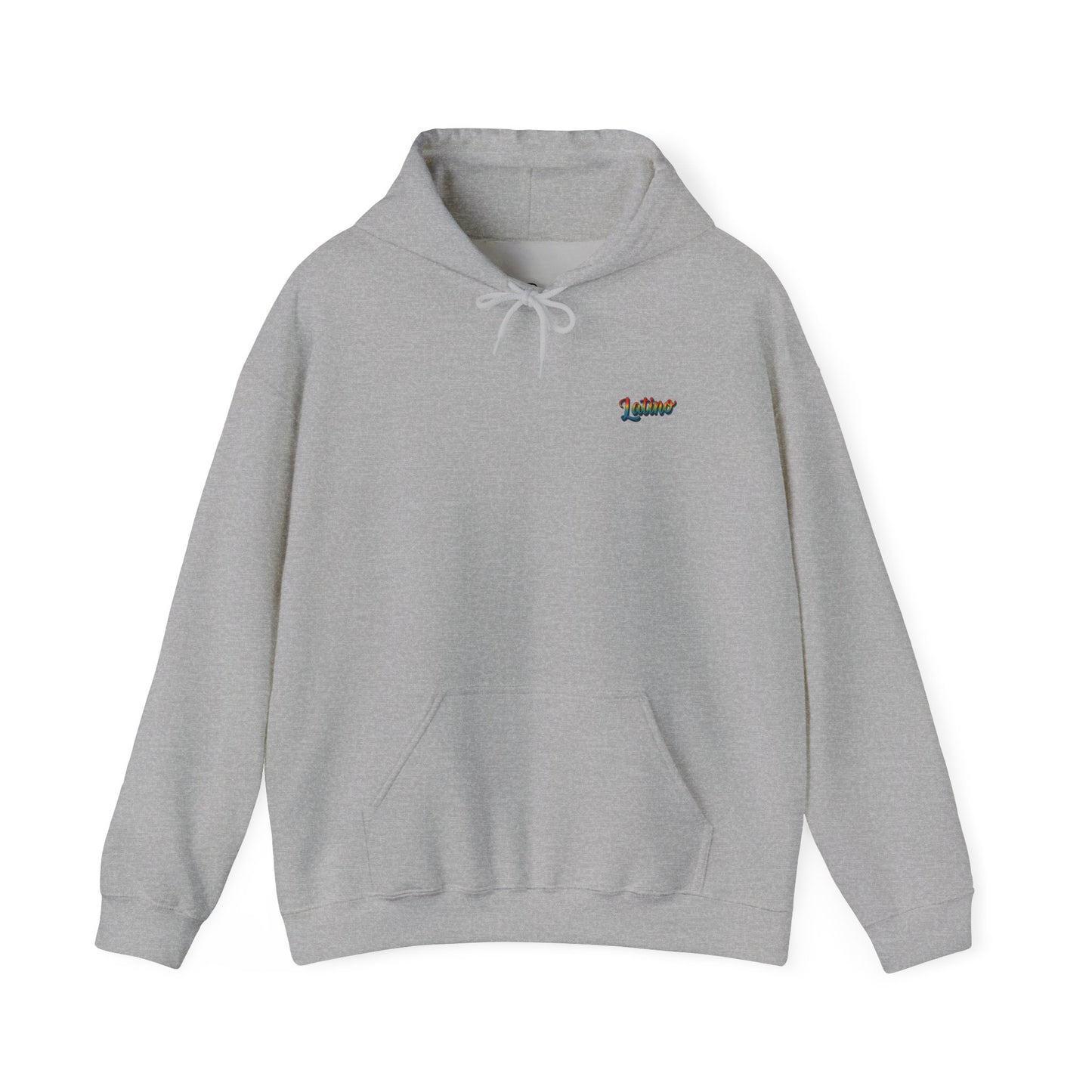 Gray hoodie with a colorful logo on a white background