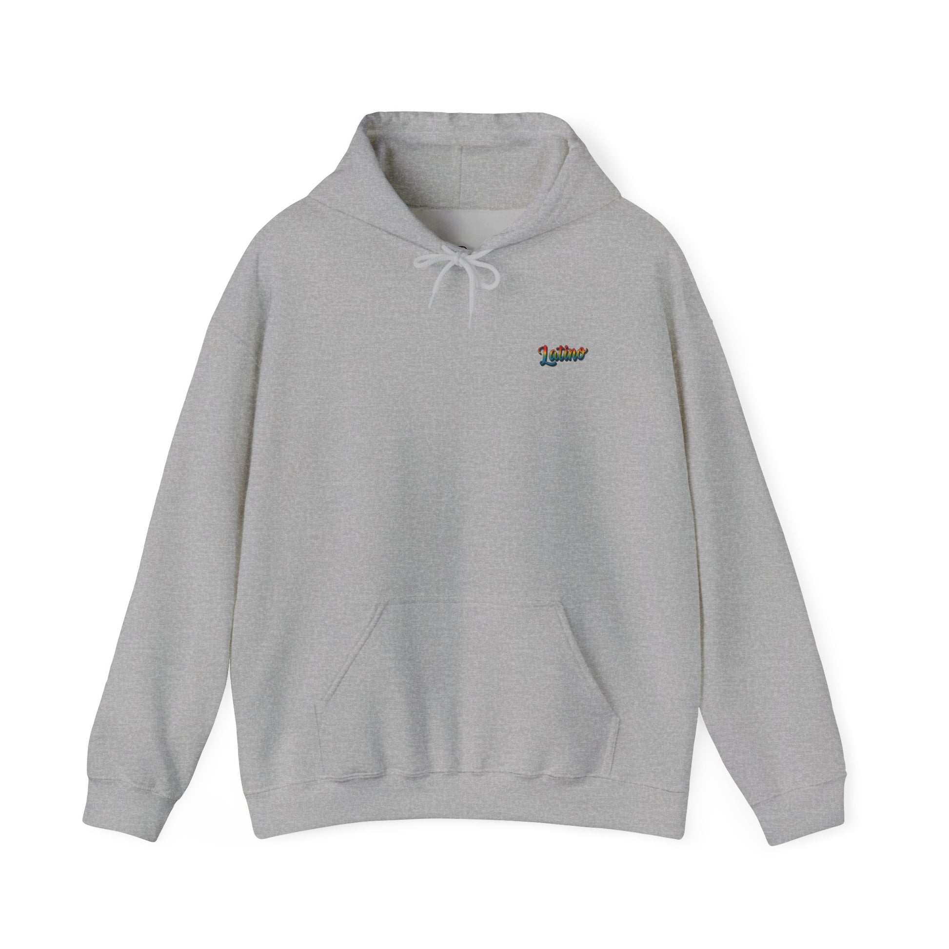 Gray hoodie with a colorful logo on a white background