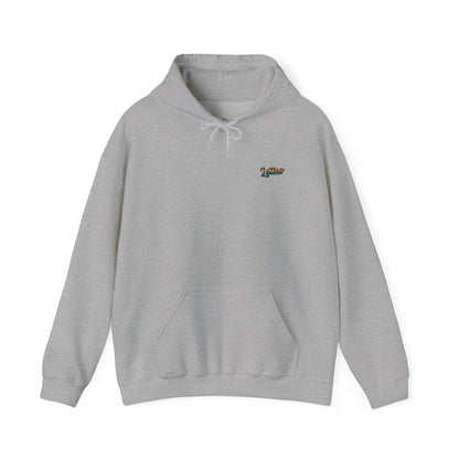 Gray hoodie with a colorful logo on a white background