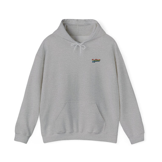 Gray hoodie with a colorful logo on a white background