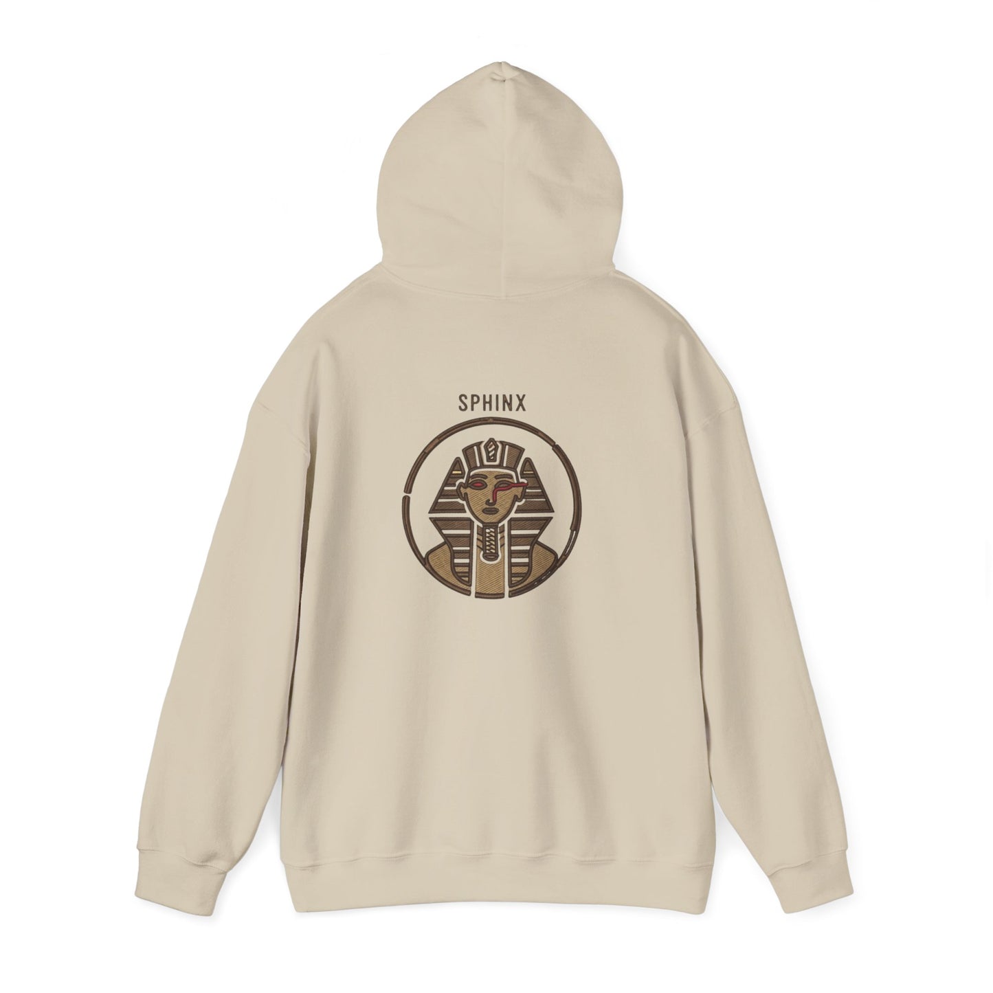 Beige hoodie with Sphinx logo on a white background