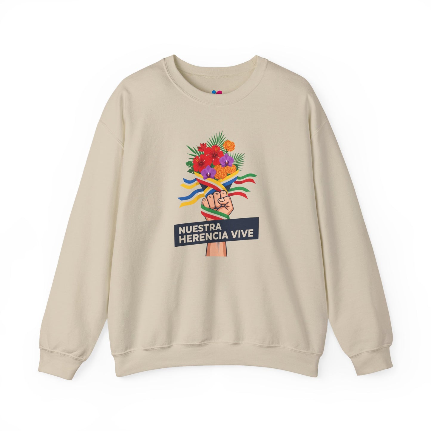 Beige sweatshirt with a colorful graphic and text on a white background