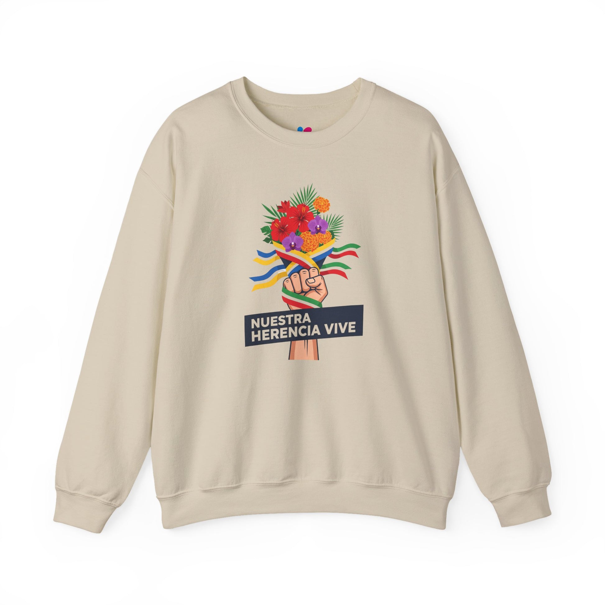 Beige sweatshirt with a colorful graphic and text on a white background