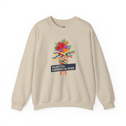 Beige sweatshirt with a colorful graphic and text on a white background
