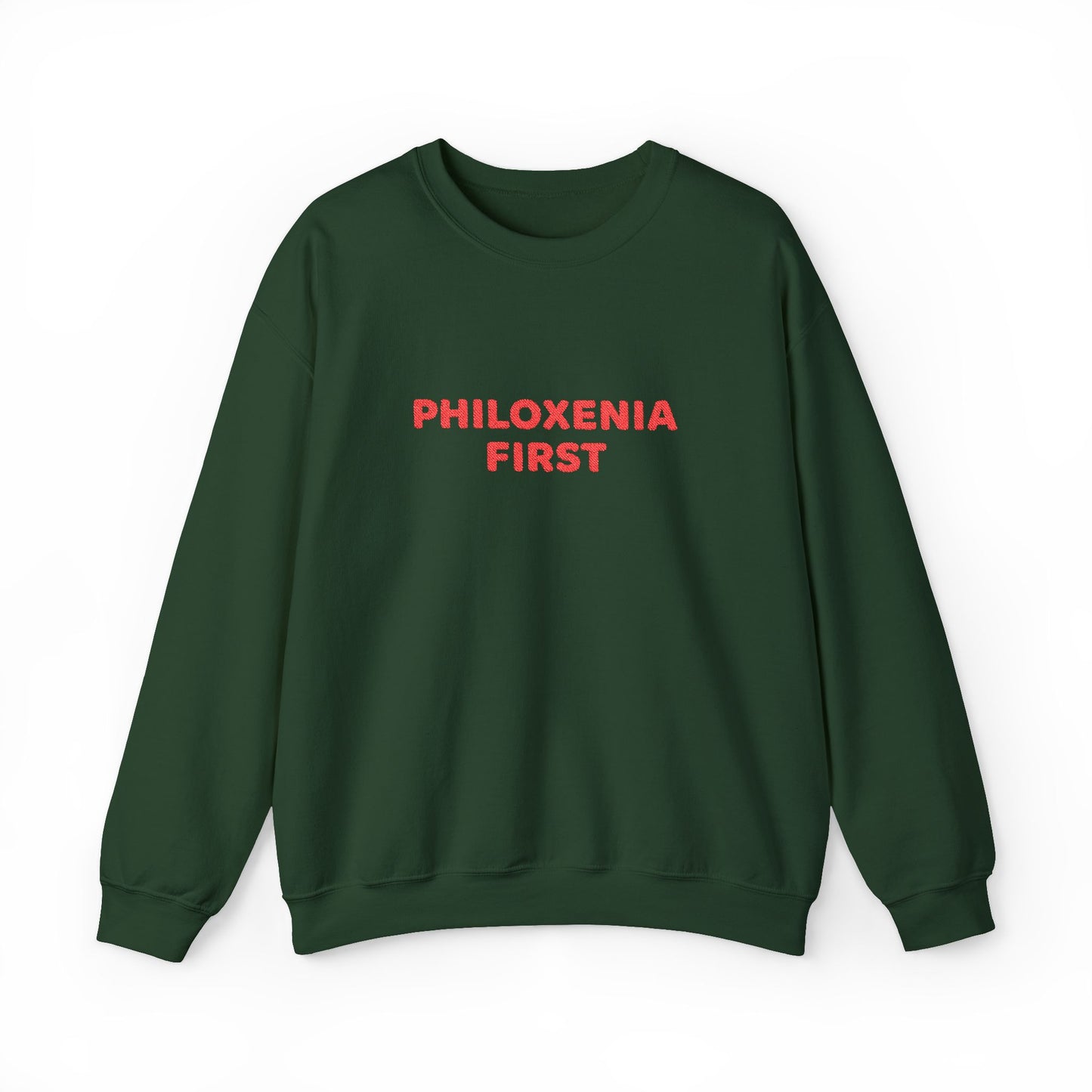 Green sweatshirt with 'PHILOXENIA FIRST' text on a white background