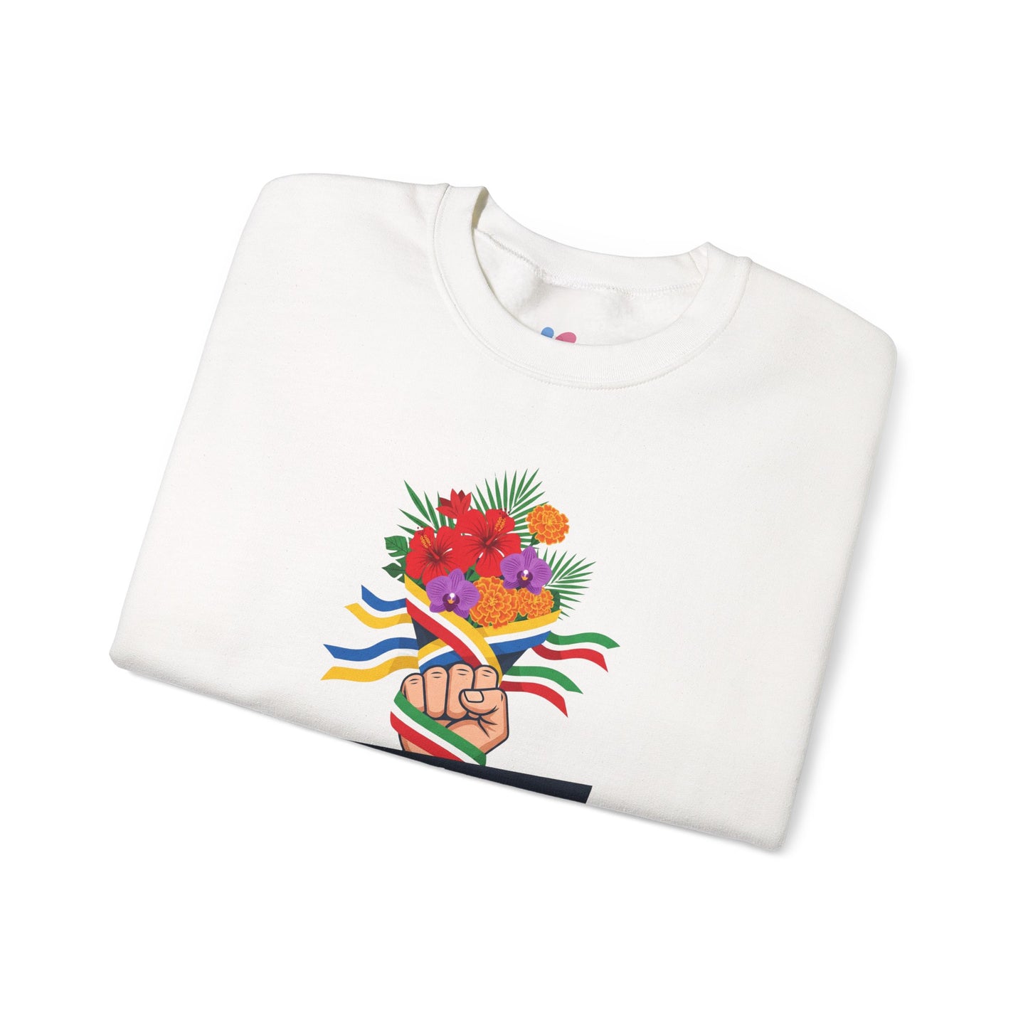 White sweatshirt with a colorful design featuring flowers and a fist on a white background