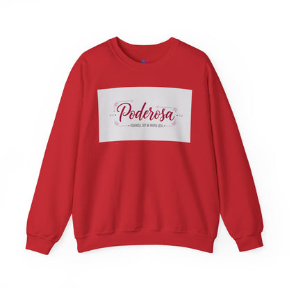 Red sweatshirt with 'Poderosa' text on a white background