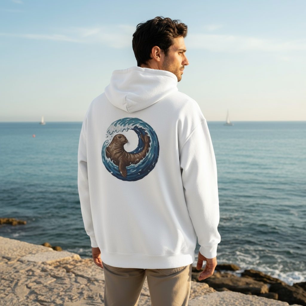 Monk Seal Embrace Hoodie – Cozy Unisex Pullover for Ocean Lovers