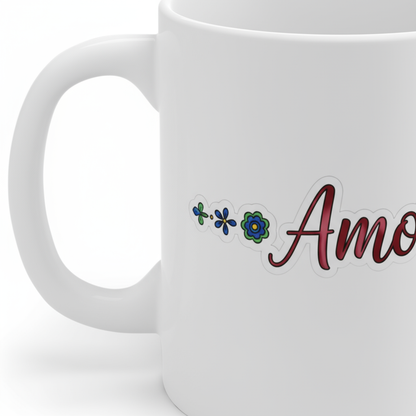 Floral Love Mug 11oz – Ceramic Coffee Cup with “Amor” Design, Inspirational Spanish Word Drinkware