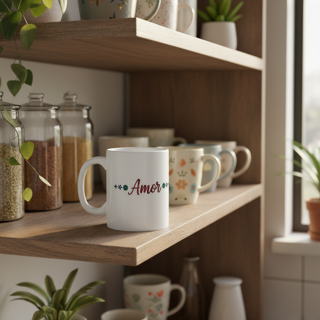 Floral Love Mug 11oz – Ceramic Coffee Cup with “Amor” Design, Inspirational Spanish Word Drinkware