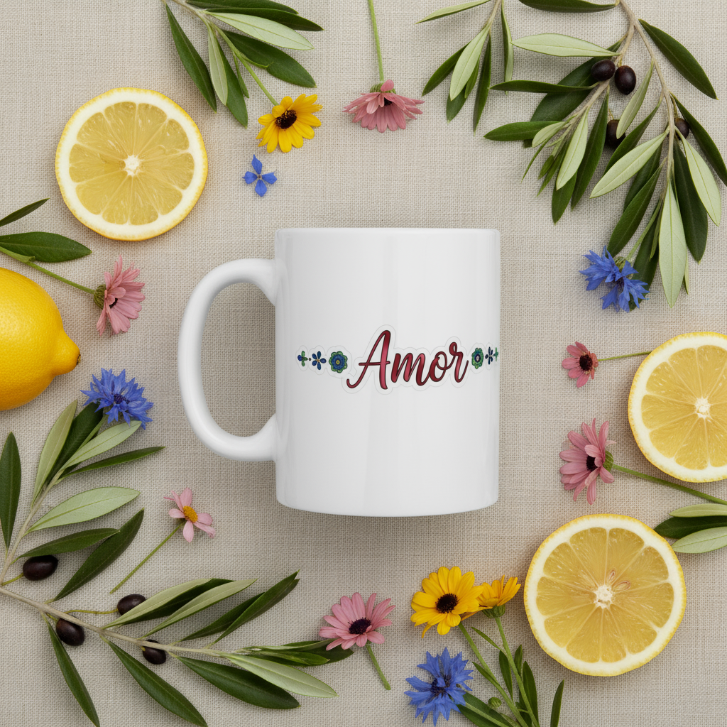 Floral Love Mug 11oz – Ceramic Coffee Cup with “Amor” Design, Inspirational Spanish Word Drinkware