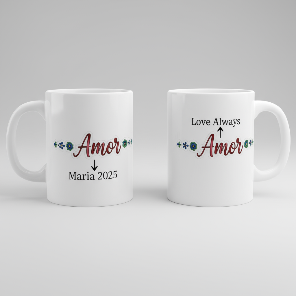 Floral Love Mug 11oz – Ceramic Coffee Cup with “Amor” Design, Inspirational Spanish Word Drinkware