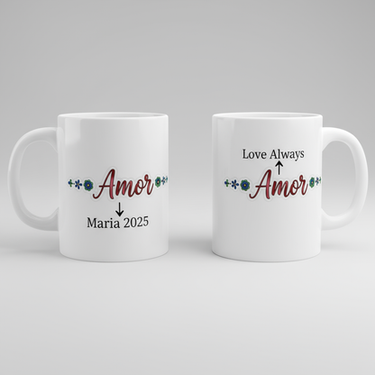 Floral Love Mug 11oz – Ceramic Coffee Cup with “Amor” Design, Inspirational Spanish Word Drinkware