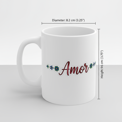 Floral Love Mug 11oz – Ceramic Coffee Cup with “Amor” Design, Inspirational Spanish Word Drinkware