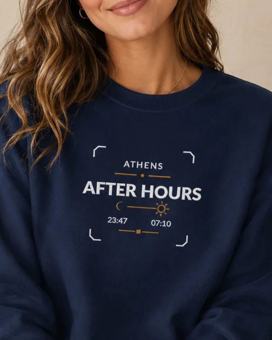 Athens After Hours embroidered sweatshirt in True Navy, front view with center-chest embroidery