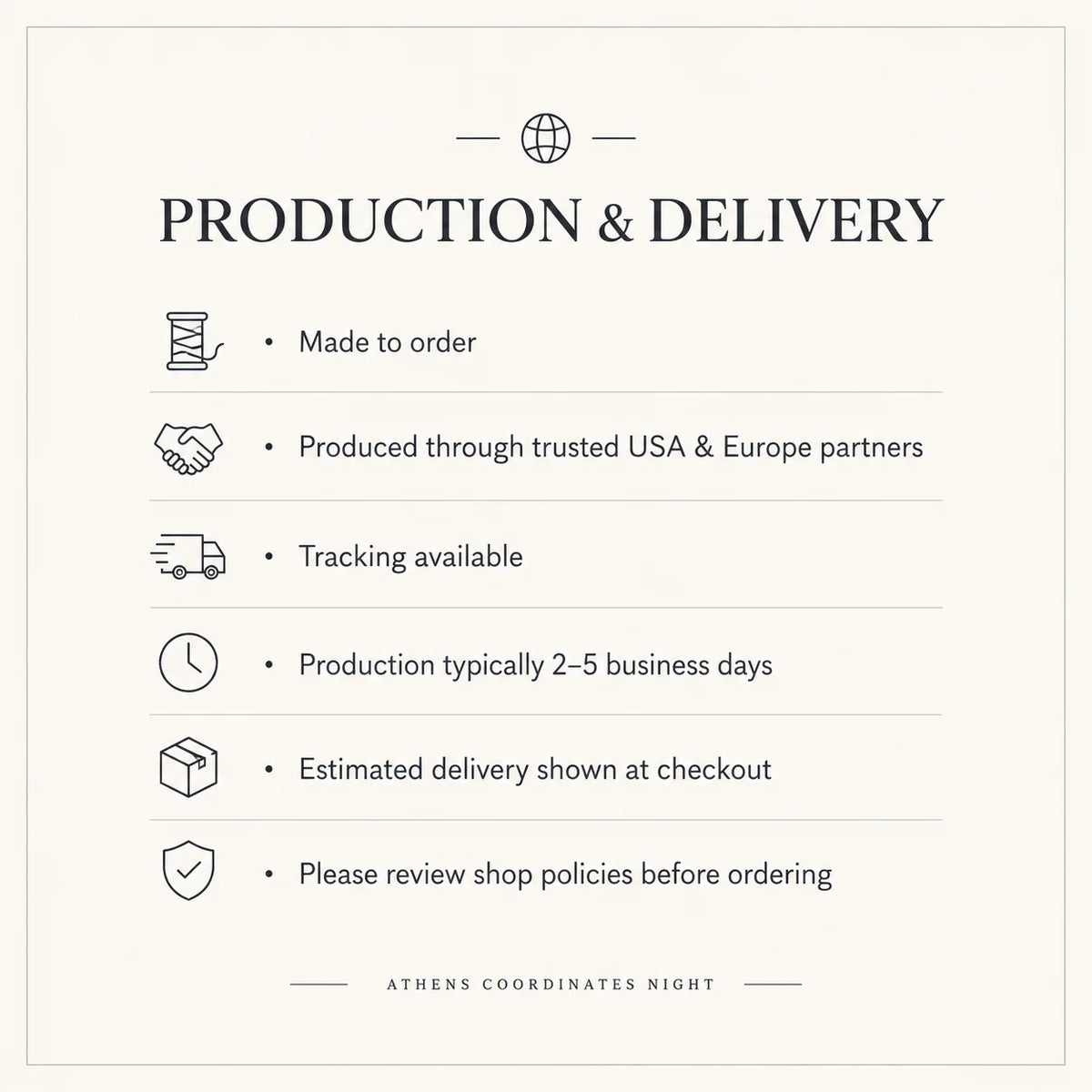 A text-based production and delivery information graphic for Athens Coordinates Night, listing bullet points with icons including made to order, trusted partners, tracking available, 2-5 business days production, estimated delivery at checkout, and review shop policies before ordering.