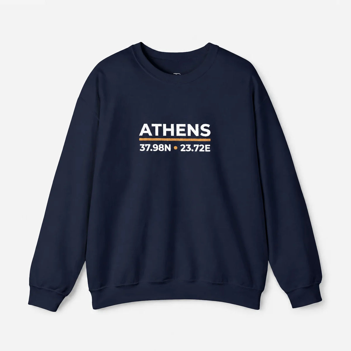 Navy Athens Coordinates Night embroidered crewneck sweatshirt flat lay with the Athens 37.98N, 23.72E front design.