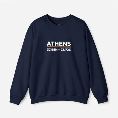 Navy Athens Coordinates Night embroidered crewneck sweatshirt flat lay with the Athens 37.98N, 23.72E front design.