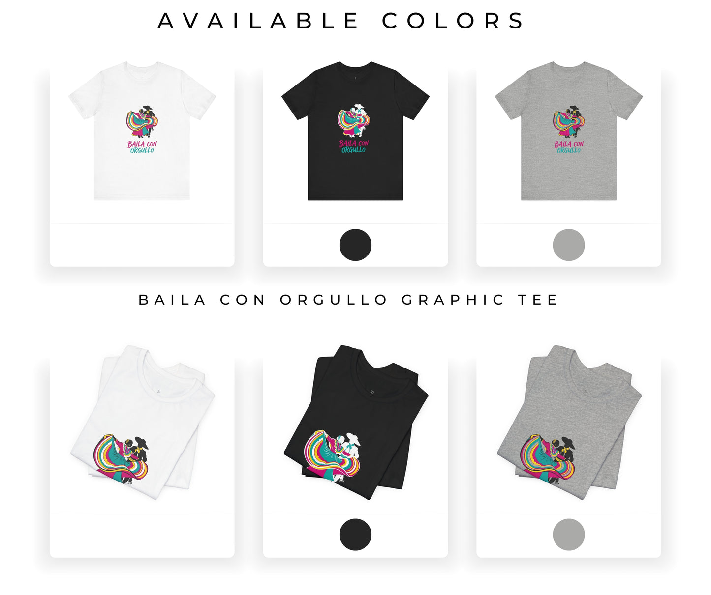 Graphic t-shirts in various colors with a logo and text on a white background