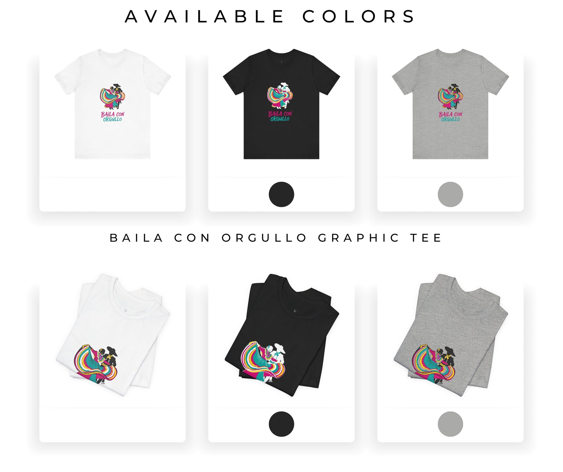Graphic t-shirts in various colors with a logo and text on a white background