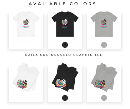 Graphic t-shirts in various colors with a logo and text on a white background