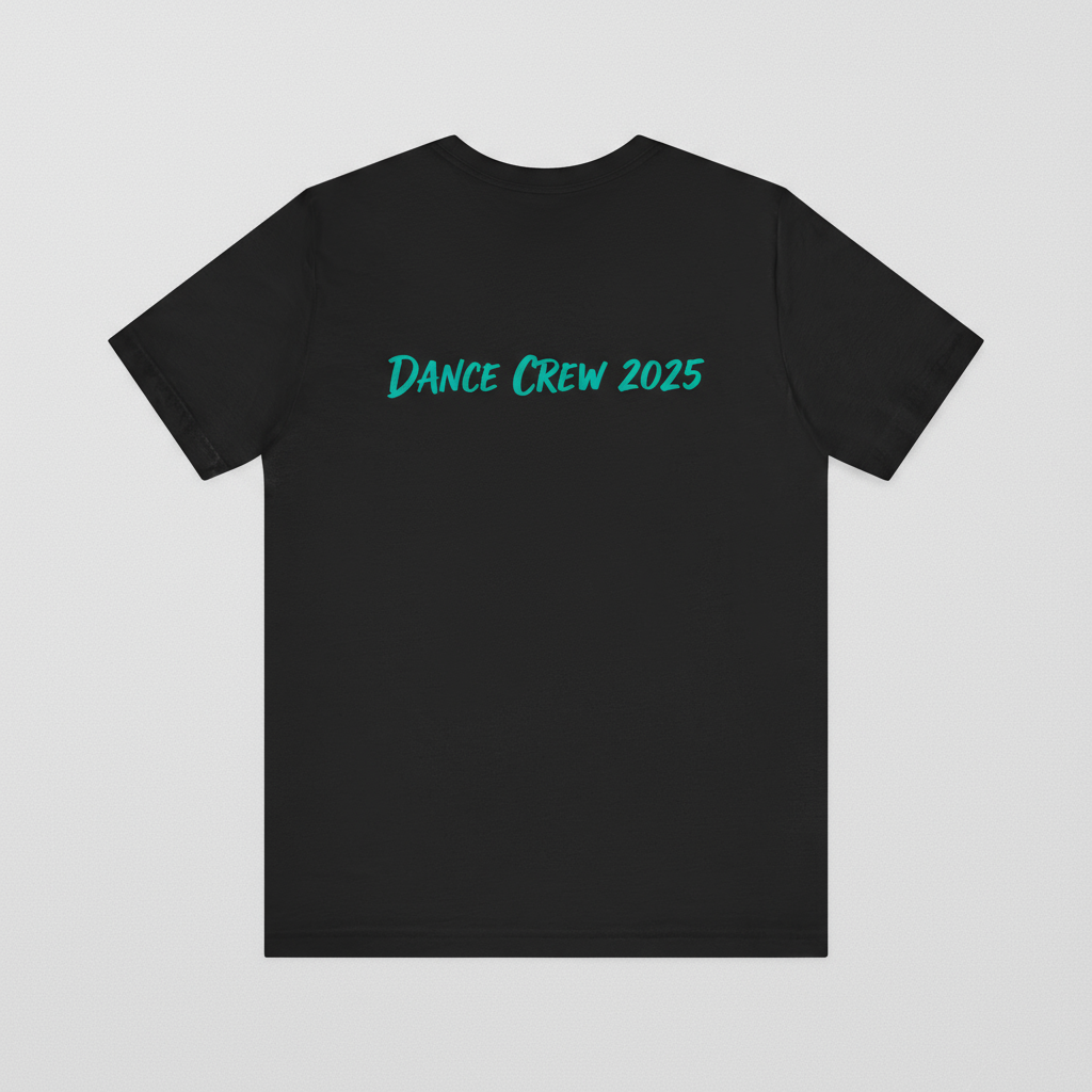 Black t-shirt with 'Dance Crew 2025' text on the back against a light gray background