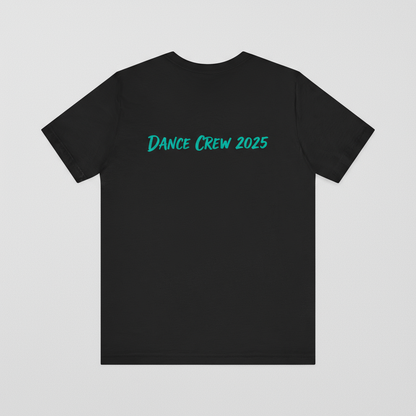 Black t-shirt with 'Dance Crew 2025' text on the back against a light gray background
