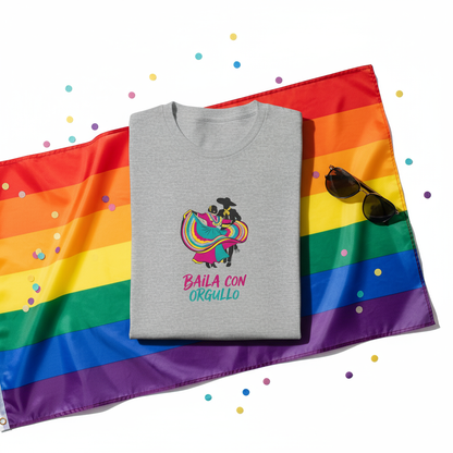 Baila con Orgullo Flat lay with rainbow flag sunglasses and the tee neatly folded.