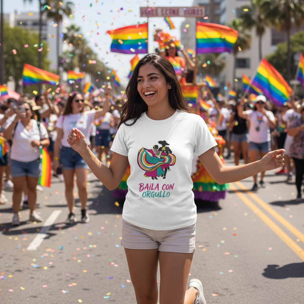 Woman in a white t-shirt with a colorful design and text, participating in a pride parade.
