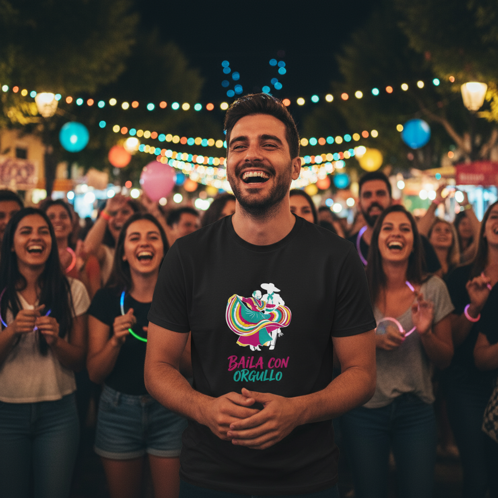 Baila_con_Orgullo_Night_festival_scene_model_laughing_with_crowd_glowing_lights_tee_in_focus.