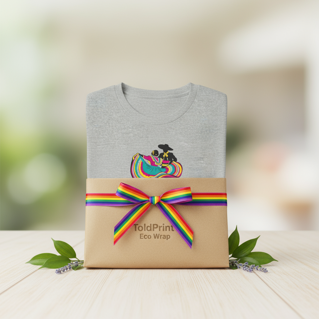 Gray t-shirt with colorful design on a ToldPrint Eco Wrap with a rainbow bow, against a blurred green and white background.