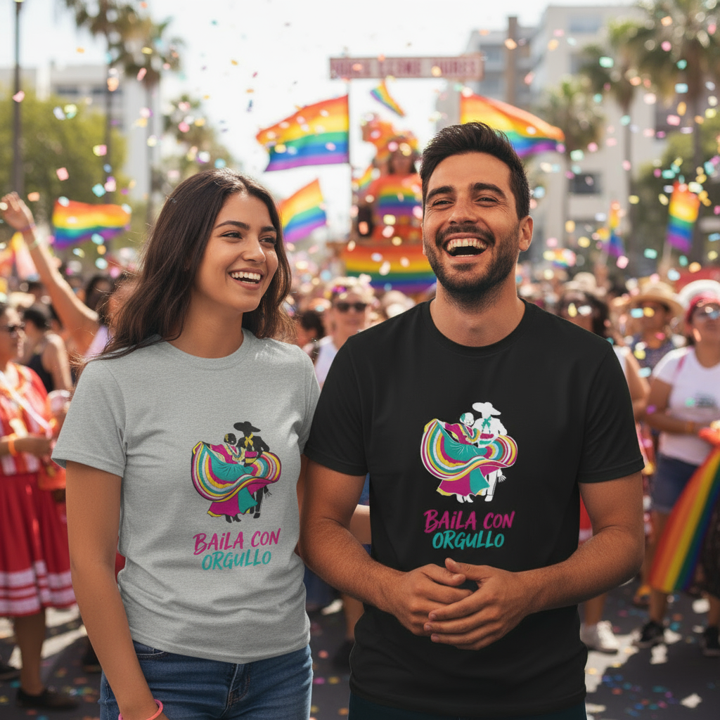 Two people wearing t-shirts with rainbow designs at a Pride parade.