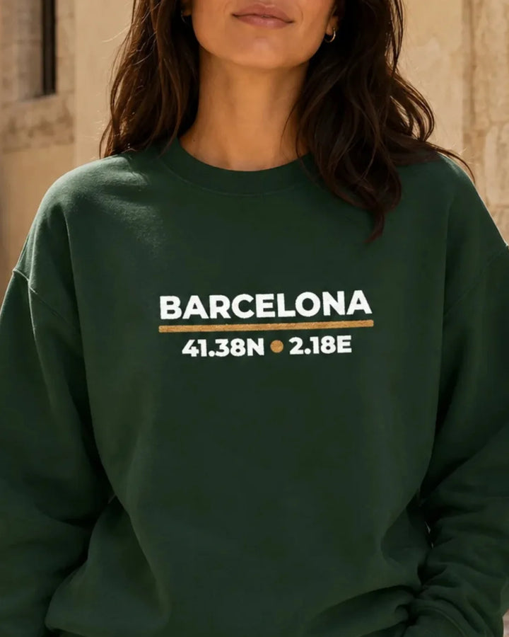 Barcelona Coordinates Night Sweatshirt, Minimal Embroidery, Evening City Aesthetic, Unisex Crewneck, ToldPrint Mediterrane...