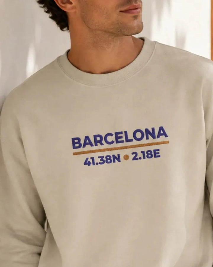 Barcelona Coordinates Embroidered Sweatshirt, Minimal City Design, Mediterranean Aesthetic, Unisex Crewneck, ToldPrint Med...
