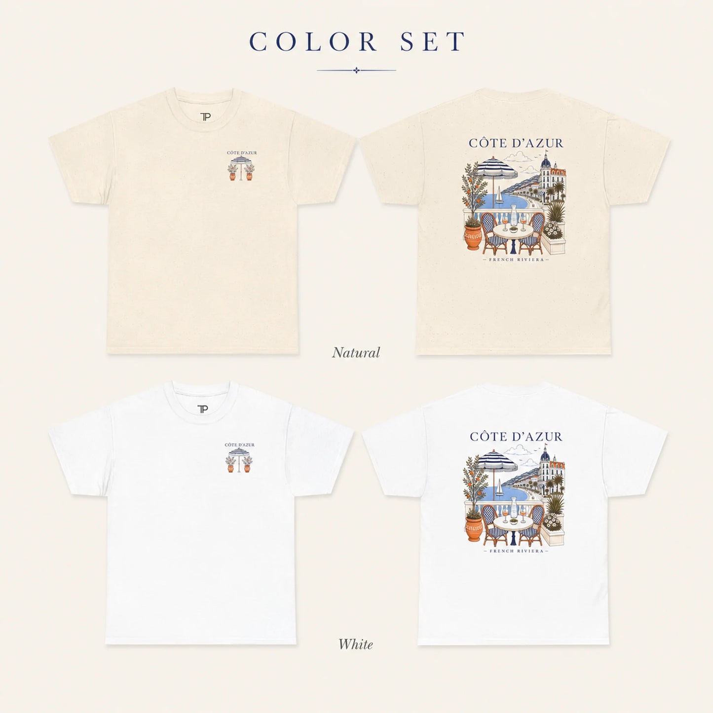 A color set presentation showing four short-sleeve T-shirts: two natural/cream shirts showing front and back, and two white shirts showing front and back. The shirts feature a small chest graphic and a larger back graphic with the text 'CÔTE D'AZUR' and 'FRANCE HOLIDAY'.